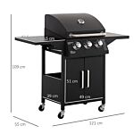 Outsunny 3 Burner Gas Bbq Grill Outdoor Portable Barbecue Trolley W/ Warming Rack, Side Shelves, Storage Cabinet, Thermometer, Carbon Steel, Black