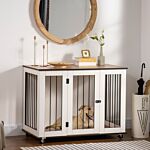 Pawhut Dog Cage End Table With Five Wheels, Dog Crate Furniture For Large Sized Dogs, With Front Door Latch, Indoor Use, White