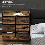 Homcom Rustic Chest Of Six Fabric Drawers - Brown Wood Effect