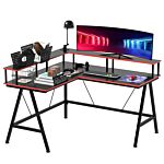 Homcom L-shape Corner Gaming Desk Computer Table With Elevated Monitor Shelf Workstation, Black Red