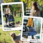 Pawhut Detachable Pet Stroller Pushchair Foldable Dog Cat Travel Carriage 2-in-1 Design Carrying Bag Dark Blue