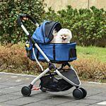 Pawhut Detachable Pet Stroller Pushchair Foldable Dog Cat Travel Carriage 2-in-1 Design Carrying Bag Dark Blue