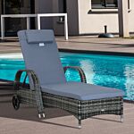 Outsunny Garden Rattan Furniture Single Sun Lounger Recliner Bed Reclining Chair Patio Outdoor Wicker Weave Adjustable Headrest - Grey