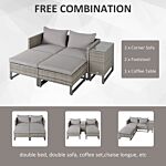 Outsunny 2 Seater Patio Rattan Wicker Sofa Set Chaise Lounge Double Sofa Bed Furniture W/ Coffee Table & Footstool For Patios, Garden, Backyard, Grey