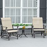 Outsunny Set Of 3 Gliding Chair & Tea Table Set, Outdoor Rocker Set With 2 Armchairs, Tempered Glass Tabletop, Khaki