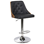 Set Of 2 Bar Stools Black Faux Leather With Dark Wood Tufted Back Silver Metal Swivel Base With Footrest Gas Lift Height Adjustment Beliani