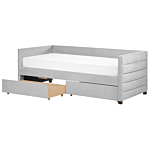 Daybed Light Grey Velvet Eu Single Size 90 X 200 Cm With Slatted Frame And Drawers Beliani