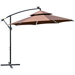 Outsunny 3(m) Cantilever Parasol Banana Hanging Umbrella With Double Roof, Led Solar Lights, Crank, 8 Sturdy Ribs And Cross Base For Outdoor, Coffee