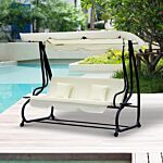 Outsunny 2-in-1 Garden Swing Seat Bed 3 Seater Swing Chair Hammock Bench Bed With Tilting Canopy And 2 Cushions, Cream White