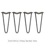 4 X 12" Hairpin Legs - 2 Prong - 12mm - Raw Steel