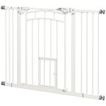 Pawhut Pressure Fit Stair Dog Gate W/ Small Cat Door, Automatic Closing Door, Double Locking, For 74-100cm Openings - White