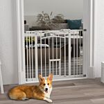 Pawhut Pressure Fit Stair Dog Gate W/ Small Cat Door, Automatic Closing Door, Double Locking, For 74-100cm Openings - White