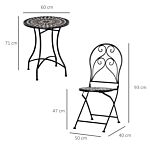 Outsunny 3 Piece Garden Outdoor Bistro Set With Coffee Table And 2 Folding Chairs, Mosaic Tile Top And Seats, Metal Frame, For Patio Balcony