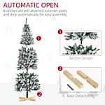 Homcom 6 Foot Snow Flocked Artificial Christmas Tree, Xmas Pencil Tree With 630 Realistic Branches, Auto Open, Pinewood Base, Green