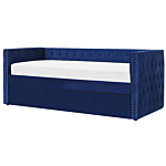 Trundle Bed Frame Blue Eu Velvet Single Size 3ft Slatted Frame Buttoned Nailhead Trims Glam Beliani