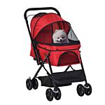 Pawhut Pet Stroller Dog Travel Pushchair Foldable Jogger With Reversible Handle Eva Wheel Brake Basket Adjustable Canopy Safety Leash Red