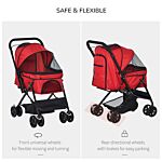 Pawhut Pet Stroller Dog Travel Pushchair Foldable Jogger With Reversible Handle Eva Wheel Brake Basket Adjustable Canopy Safety Leash Red