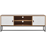 Tv Stand Light Wood With White Metal Legs Rectangular For Up To 75ʺ Tv Media Unit With Shelves Doors Cable Management Living Room Furniture Beliani