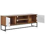 Tv Stand Light Wood With White Metal Legs Rectangular For Up To 75ʺ Tv Media Unit With Shelves Doors Cable Management Living Room Furniture Beliani