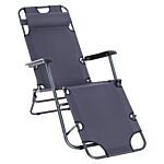 Outsunny 2 In 1 Sun Lounger Folding Reclining Chair Garden Outdoor Camping Adjustable Back With Pillow Grey