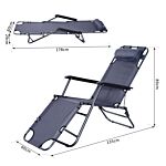 Outsunny 2 In 1 Sun Lounger Folding Reclining Chair Garden Outdoor Camping Adjustable Back With Pillow Grey