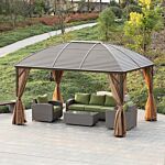 Outsunny 4 X 3(m) Patio Aluminium Gazebo Hardtop Metal Roof Canopy Party Tent Garden Outdoor Shelter With Mesh Curtains & Side Walls, Brown