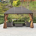 Outsunny 4 X 3(m) Patio Aluminium Gazebo Hardtop Metal Roof Canopy Party Tent Garden Outdoor Shelter With Mesh Curtains & Side Walls, Brown