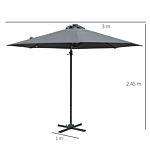 Outsunny 3(m) Square Outdoor Umbrella Patio Sun Umbrella With Crank & Tilt Led Solar Light Cross Base 360° Rotating Outdoor, Dark Grey