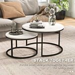 Homcom Industrial Nesting Coffee Table Set Of 2, Round Coffee Tables, Living Room Table With Faux Marbled Top And Steel Frame
