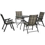 Outsunny 5 Pcs Rattan Dining Sets Garden Dining Set W/ Pe Rattan Folding Armchair, Round Glass Top Dining Table With Umbrella Hole, Mixed Grey