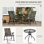 Outsunny 5 Pcs Rattan Dining Sets Garden Dining Set W/ Pe Rattan Folding Armchair, Round Glass Top Dining Table With Umbrella Hole, Mixed Grey