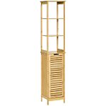 Kleankin Bathroom Floor Cabinet With 3 Shelves And Cupboard, Slim And Freestanding Organiser, Tallboy With Storage, Natural