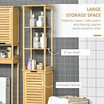 Kleankin Bathroom Floor Cabinet With 3 Shelves And Cupboard, Slim And Freestanding Organiser, Tallboy With Storage, Natural