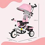 Homcom 4 In 1 Kids Trike Push Bike W/ Push Handle, Canopy, 5-point Safety Belt, Storage, Footrest, Brake, For 1-5 Years, Pink