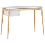 Home Office Desk White And Light Wood Legs 106 X 48 Cm With Drawer Retro Beliani