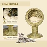 Pawhut Raised Cat House, Natural Mat Grass Cat Bed, Kitten Cave With Stand Cushion, Detachable Top, Round, Yellow, Φ41x 71,5 Cm