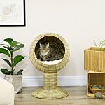 Pawhut Raised Cat House, Natural Mat Grass Cat Bed, Kitten Cave With Stand Cushion, Detachable Top, Round, Yellow, Φ41x 71,5 Cm