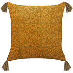 Set Of 2 Decorative Cushions Yellow Velvet 45 X 45 Cm Floral Pattern With Tassels Block Printed Boho Decor Accessories Beliani
