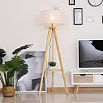 Homcom Freestanding Tripod Floor Lamp Bedside Light Reading Light With Storage Shelf Linen Shade For Living Room Bedroom, 154cm, Cream