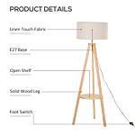 Homcom Freestanding Tripod Floor Lamp Bedside Light Reading Light With Storage Shelf Linen Shade For Living Room Bedroom, 154cm, Cream