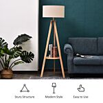 Homcom Freestanding Tripod Floor Lamp Bedside Light Reading Light With Storage Shelf Linen Shade For Living Room Bedroom, 154cm, Cream