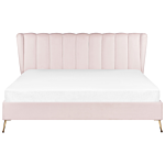 Bed Frame Pink Velvet Upholstery Golden Metal Legs Eu Super King Size 6ft With Usb Port Headboard Modern Glam Bedroom Beliani