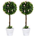 Homcom Set Of 2 Decorative Artificial Plants Ball Trees With Flower For Home Indoor Outdoor Decor, 60cm ,pink