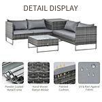 Outsunny 4 Pcs Garden Rattan Wicker Outdoor Furniture Patio Corner Sofa Love Seat And Table Set With Cushions Side Desk Storage - Mixed Grey