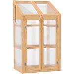 Outsunny Wooden Greenhouse, Cold Frame Grow House With Polycarbonate Semi Transparent Glazing, Openable Lid And Double Door, 70 X 50 X 120cm, Brown