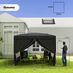 Outsunny 3 X 3 Meters Pop Up Water Resistant Gazebo Wedding Camping Party Tent Canopy Marquee With Carry Bag And 2 Windows, Black