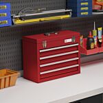 Durhand Lockable Metal Tool Box, 4 Drawer Tool Chest With Latches, Handle, Ball Bearing Runners, Red