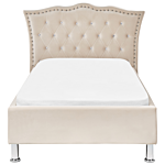 Eu Single Size Bed Beige Velvet Upholstered Frame Nailhead Trim Crystal Buttons Headrest Bedroom Modern Glam Beliani