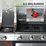 Outsunny Gas Barbecue Grill 3+1 Burner Garden Smoker Bbq Trolley W/ Side Burner Warming Rack Side Shelves Piezo Ignition Thermometer