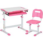 Homcom Kids Desk And Chair Set, Student Adjustable Writing Desk, With Drawer, Pen Slot, Hook - Pink